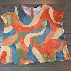Rachel Zoe Abstract Print Blouse Top Women’s 3X Multicolor Cotton Short Sleeve